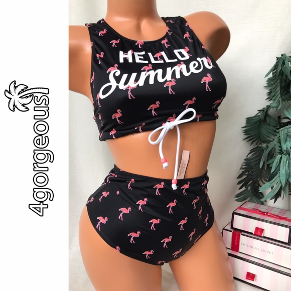 VS S PINK FLAMINGO BIKINI SET HIGH WAIST SUMMER - Picture 2 of 5